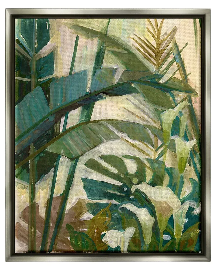 Tropical Jungle Plant Leaves Framed Floater Canvas - Grey