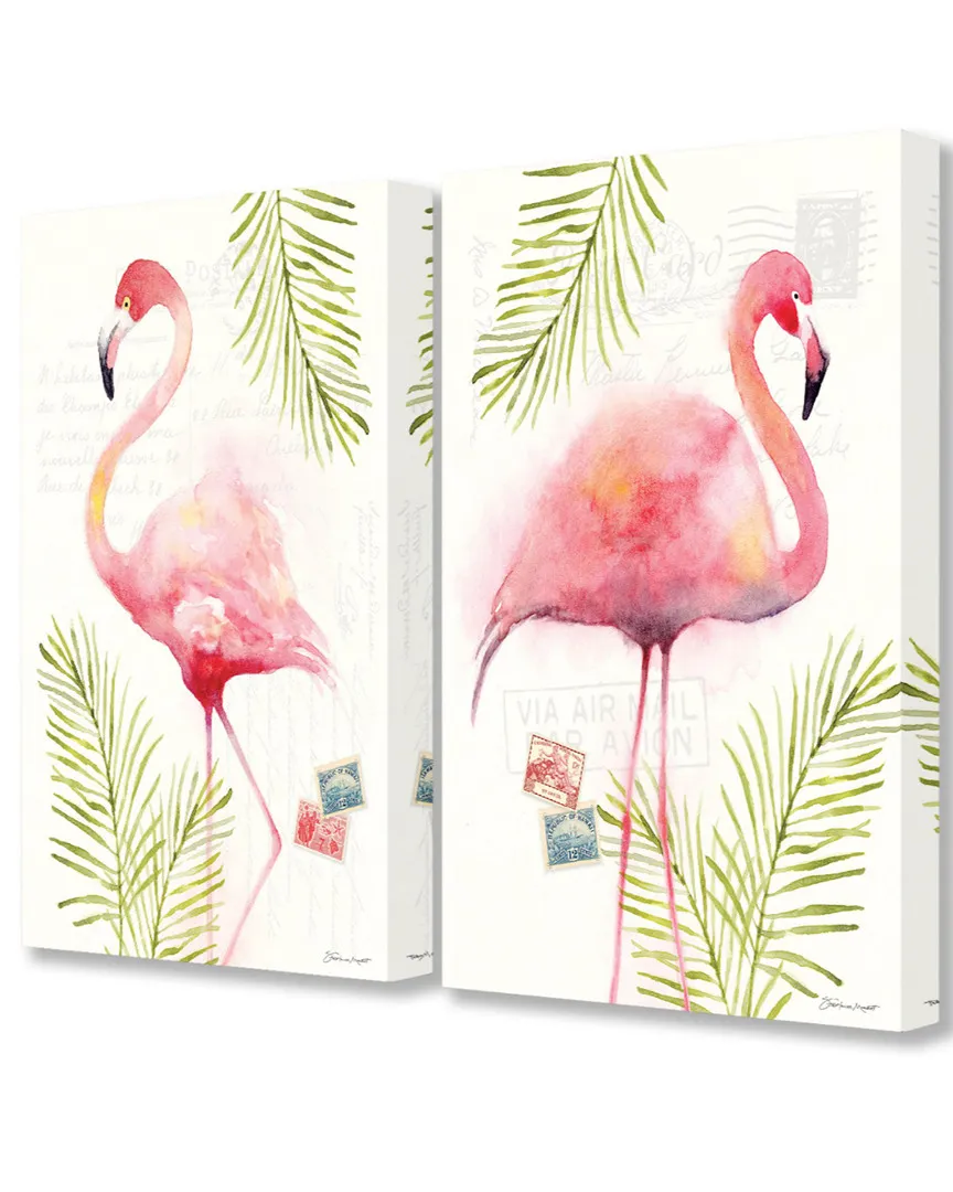 Tropical Palm Flamingos Watercolor Canvas Art 2pc Set