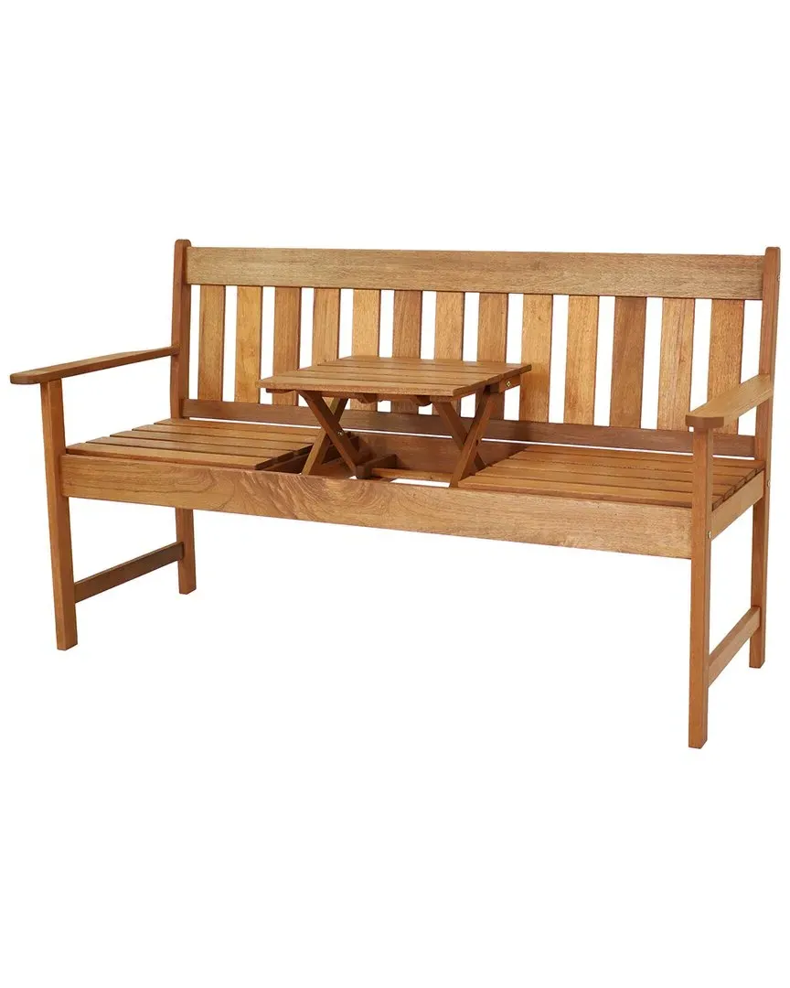 Meranti Wood Outdoor Bench with Pop-Up Table - Brown image