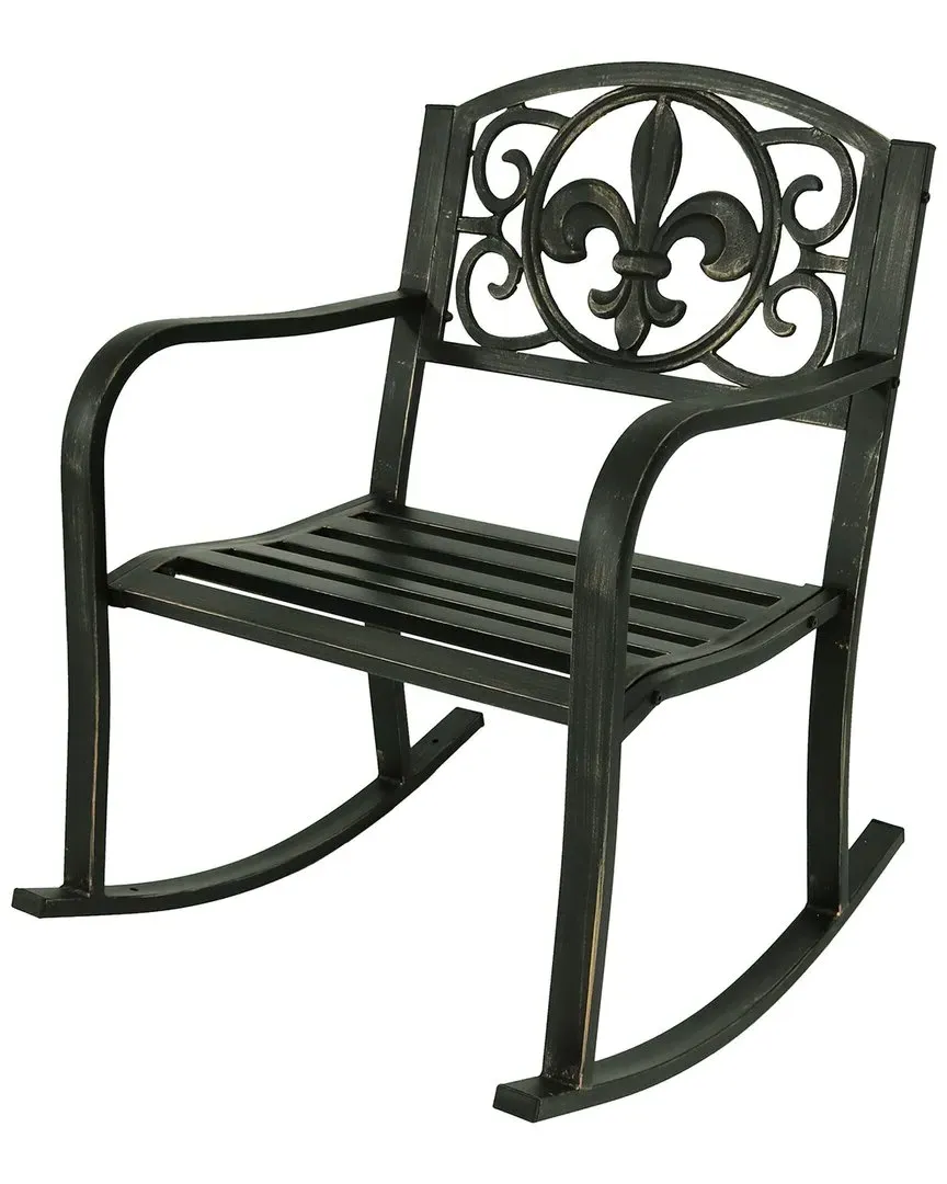 Outdoor Patio Rocking Chair with Fleur-de-Lis Design - Black image