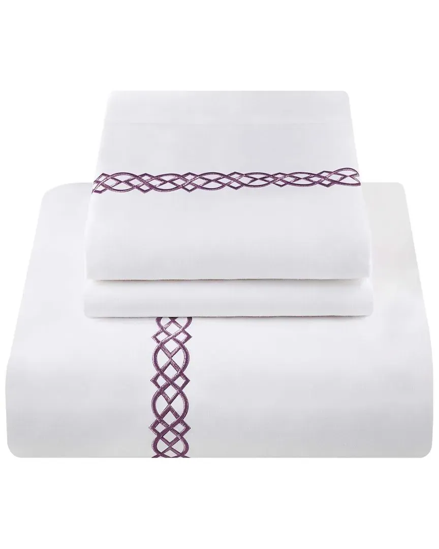 1000tc Egyptian Cotton Embroidered Duvet Cover Set - White & Plum image