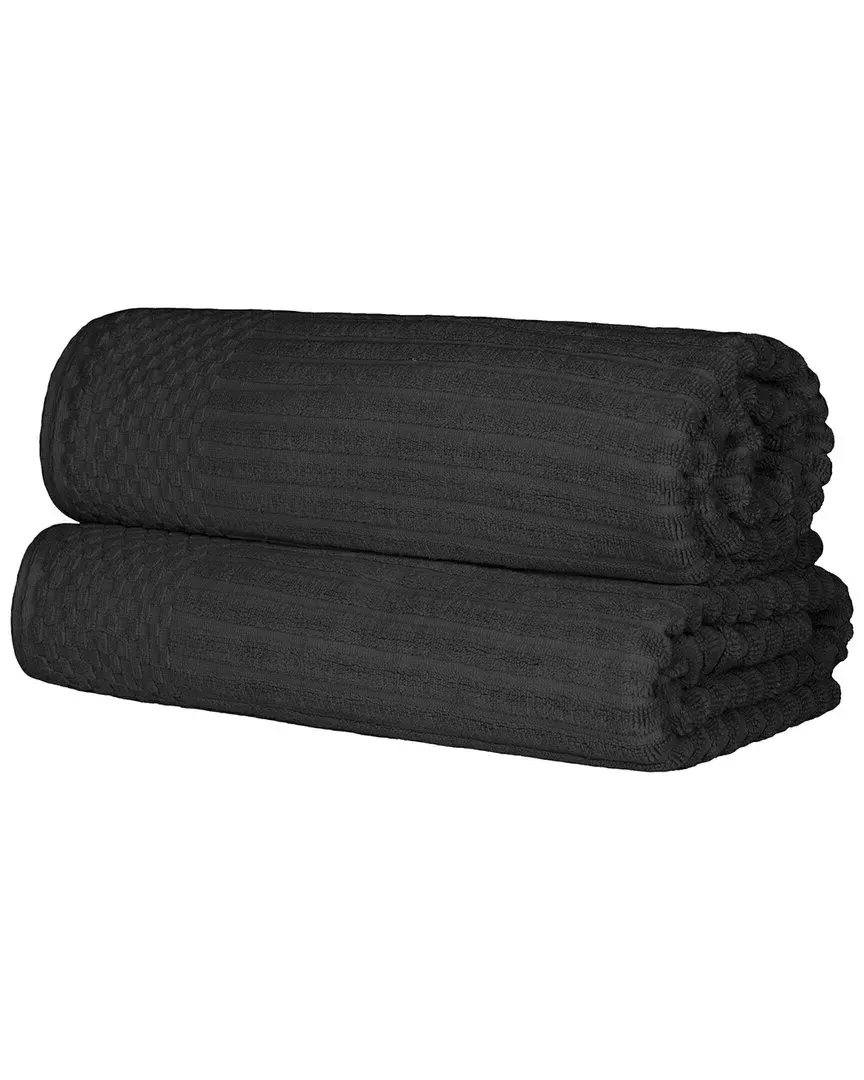 Cotton 2-Piece Bath Sheet Set with Checkered Border - Black