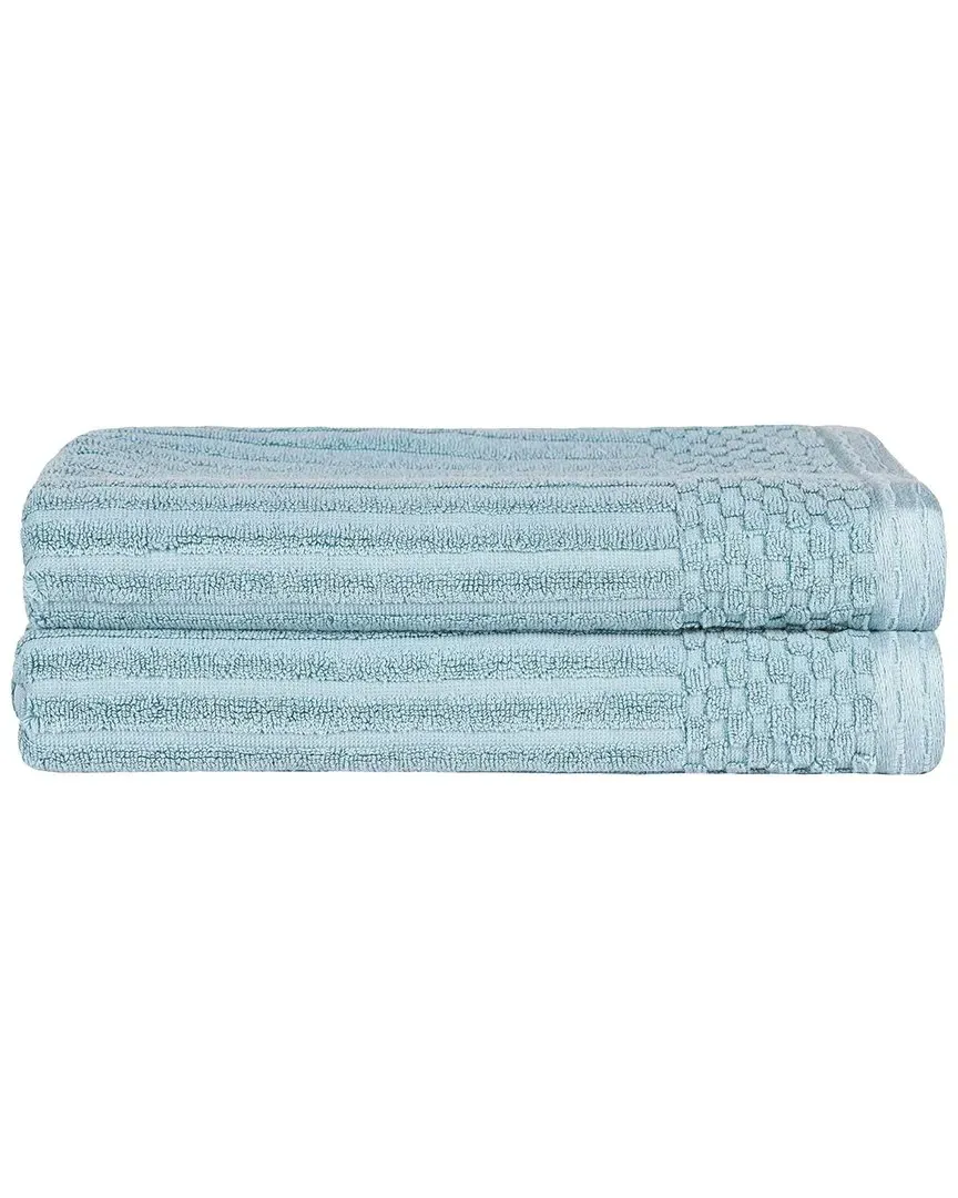 Cotton 2-Piece Bath Towel Set with Checkered Border - Blue