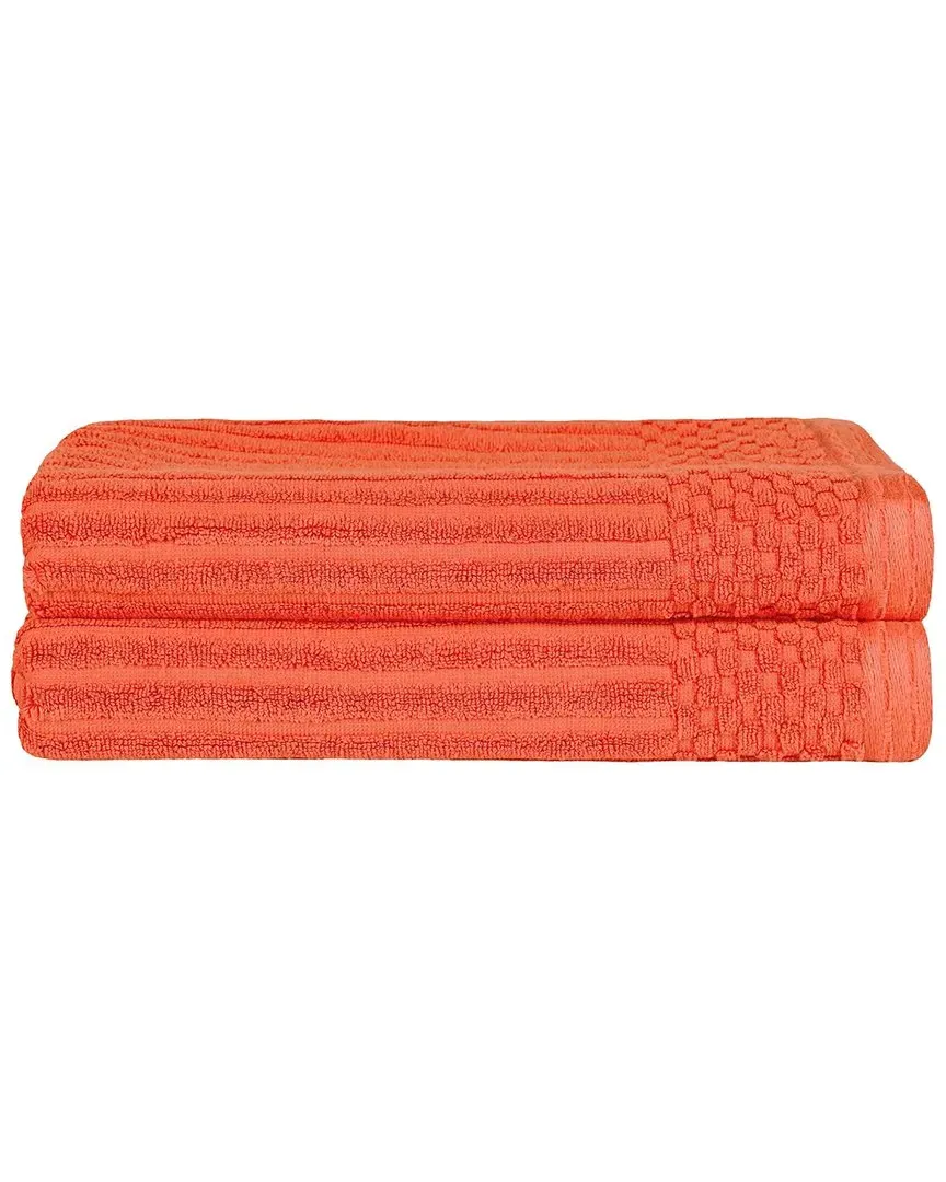 Cotton 2-Piece Bath Towel Set with Checkered Border - Coral