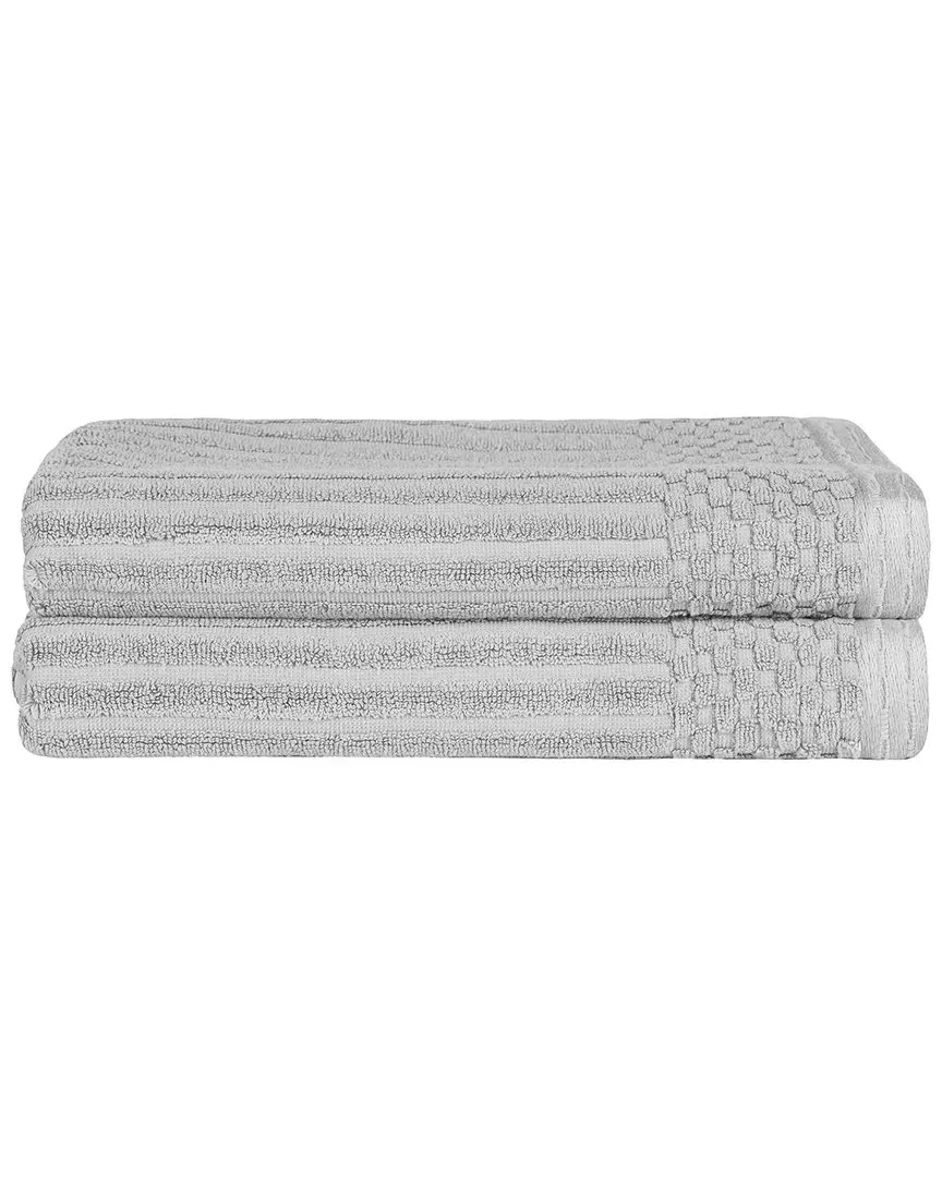 Cotton 2-Piece Bath Towel Set with Checkered Border - Silver