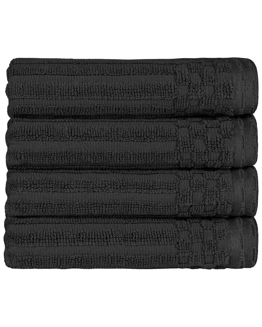 Cotton 4-Piece Hand Towel Set with Checkered Border - Black image