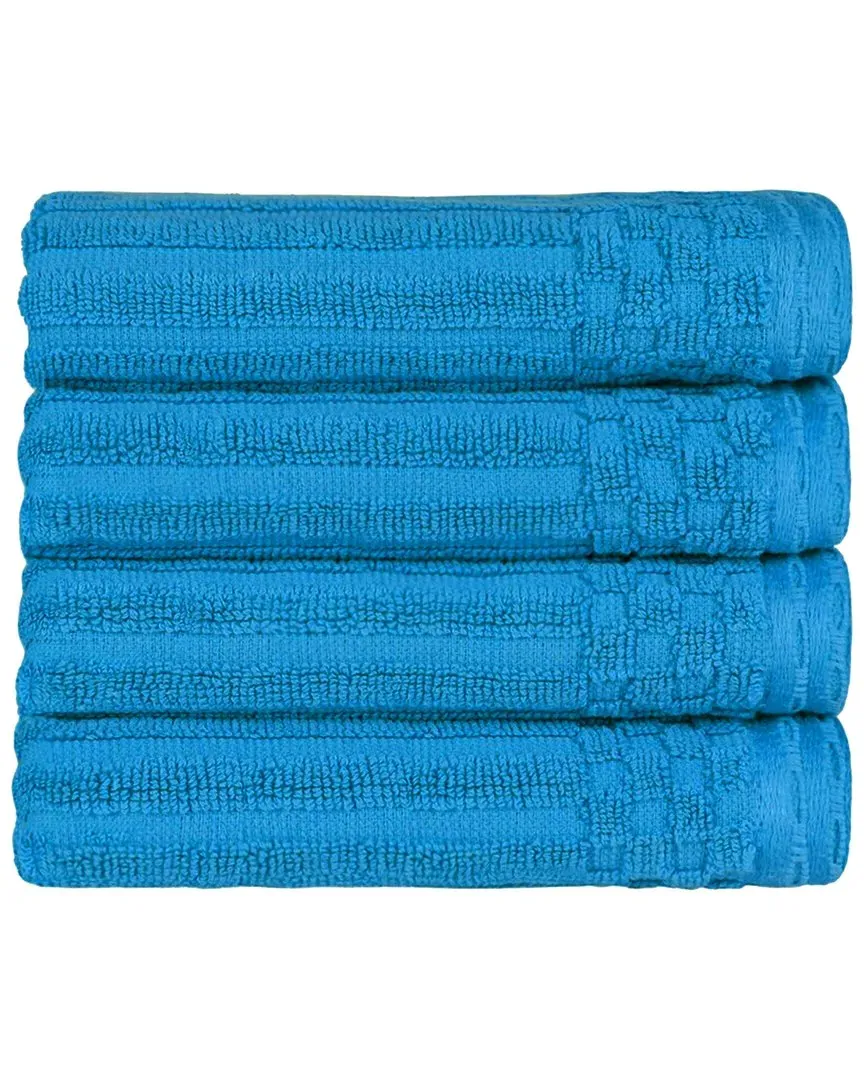 Cotton 4-Piece Hand Towel Set with Checkered Border - Blue