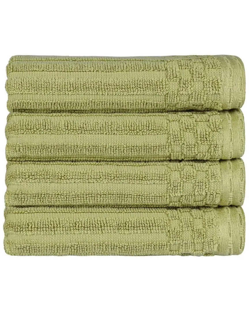 Cotton 4-Piece Hand Towel Set with Checkered Border - Green