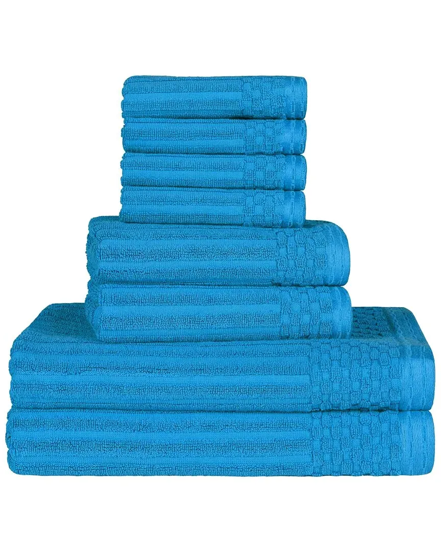 Cotton 8-Piece Towel Set with Checkered Border - Blue
