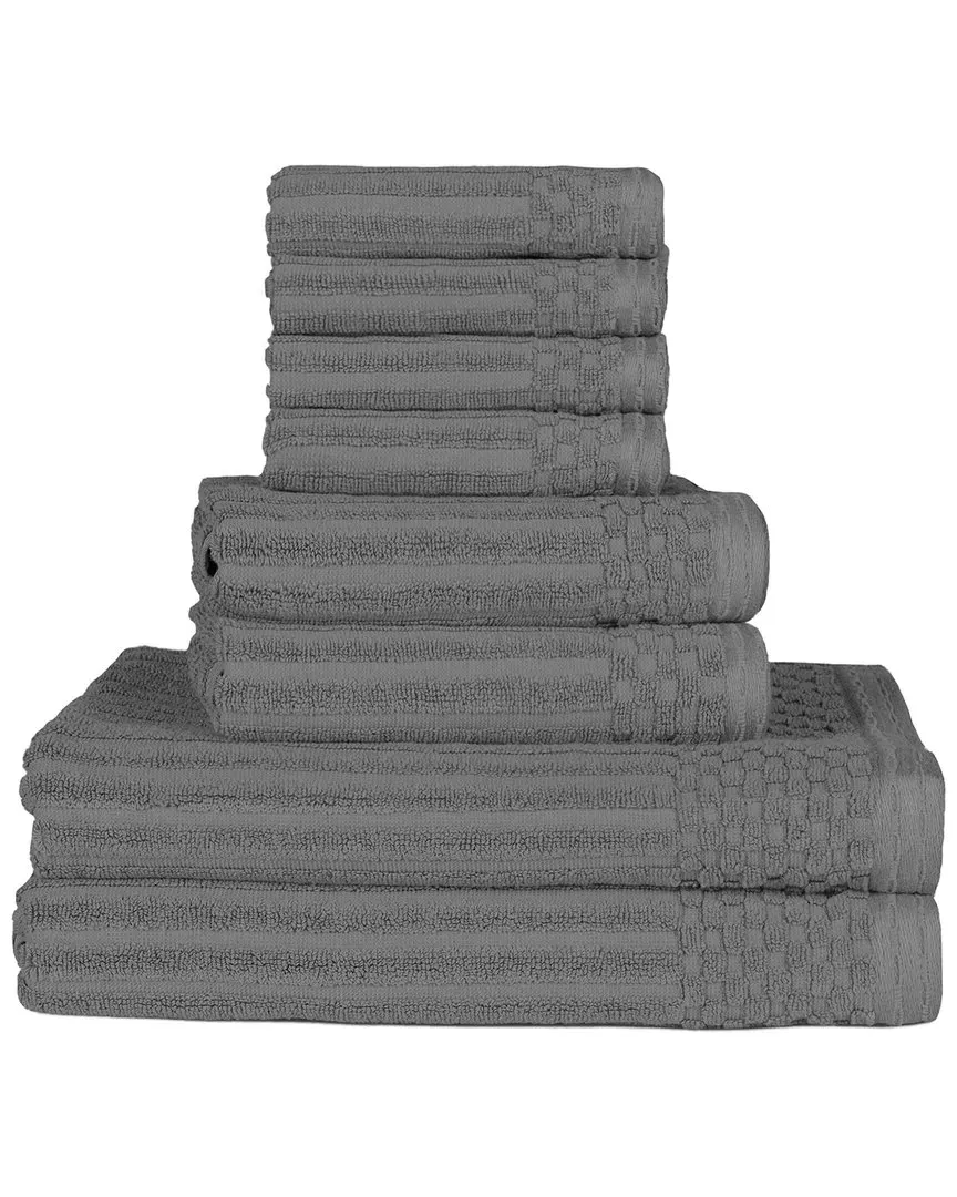 Cotton 8-Piece Towel Set with Checkered Border - Charcoal