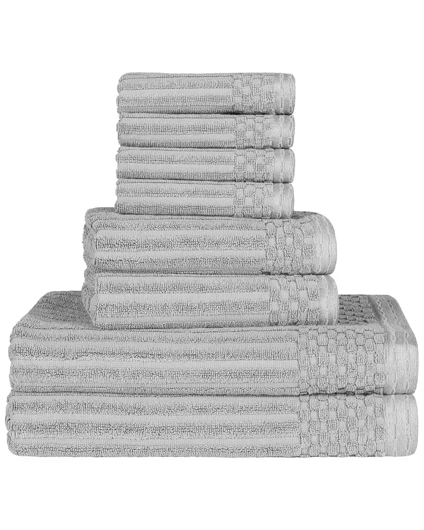 Cotton 8-Piece Towel Set with Checkered Border - Silver