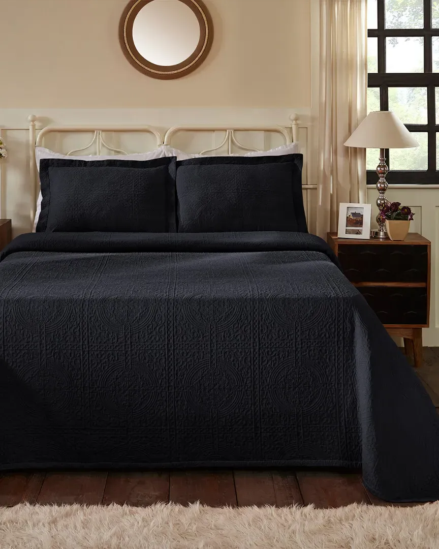 Cotton Fleur de Lis Bedspread Set - Navy Blue