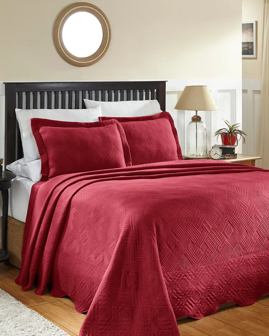 Cotton Geometric Fret Matelasse Bedspread Set - Burgundy image
