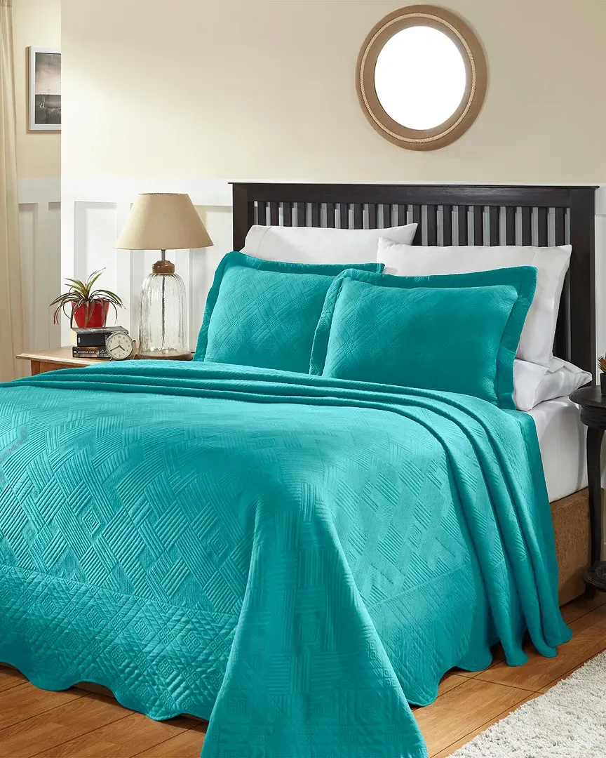 Cotton Geometric Fret Matelasse Bedspread Set - Peacock Blue