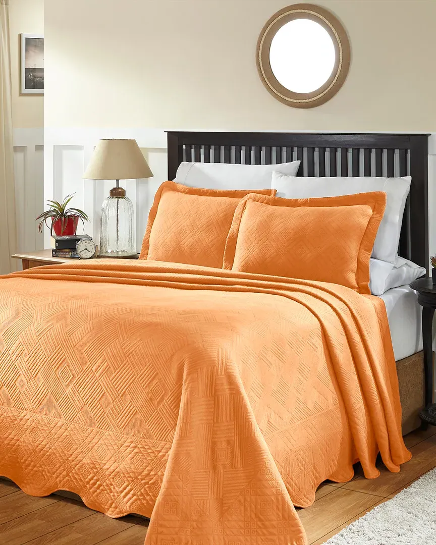 Cotton Geometric Fret Matelasse Bedspread Set - Salmon