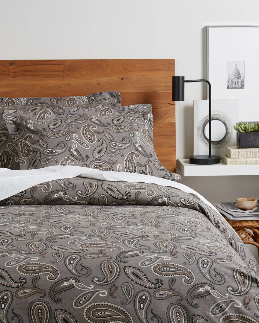 Flannel Paisley Duvet Cover Set - Grey, Cotton