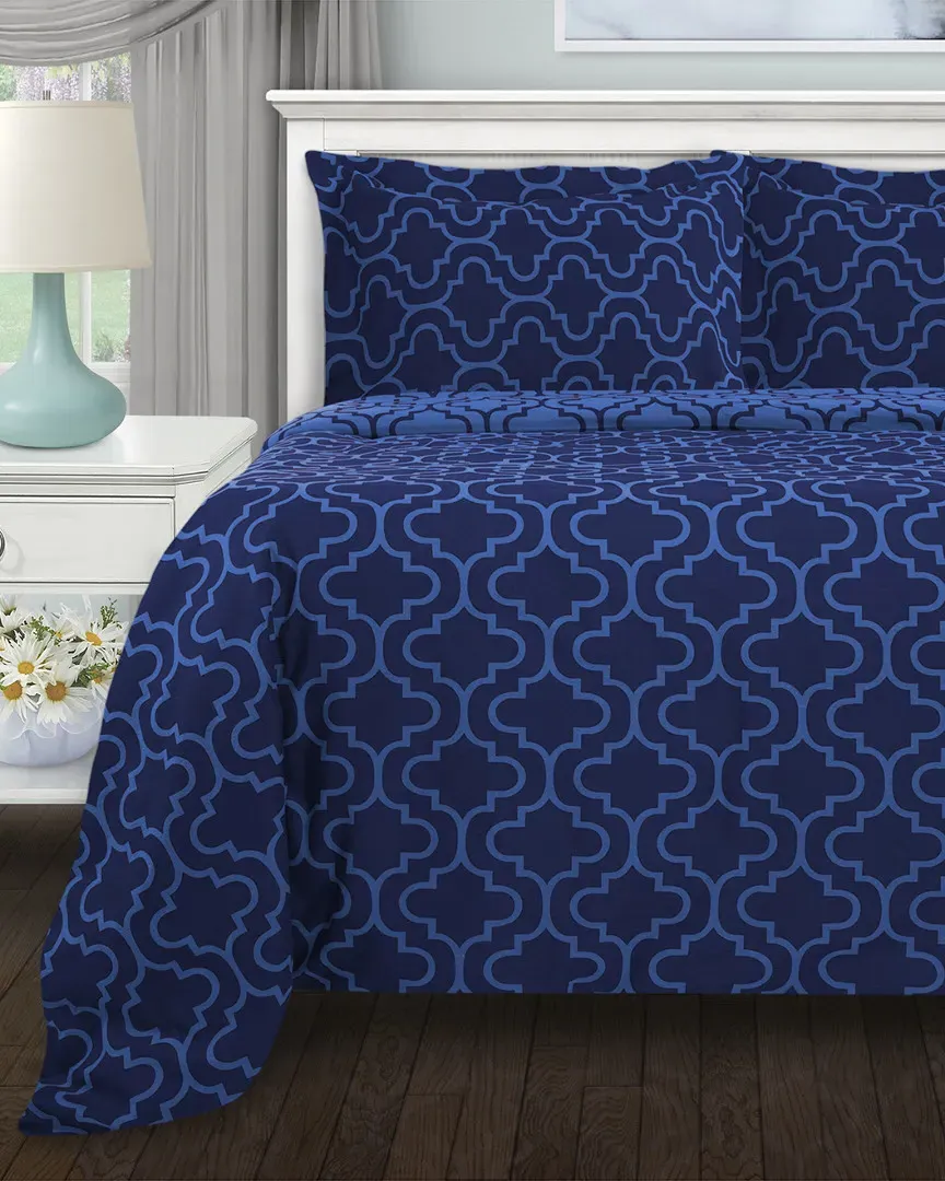 Flannel Trellis Deep Pocket Sheet Set - Navy Blue, Cotton