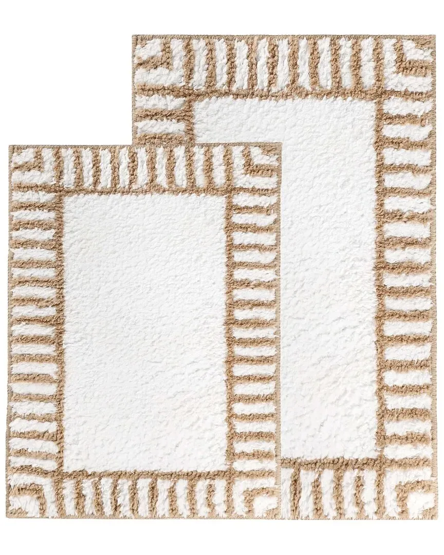 Inaya Set of 2 Striped Shag Bath Rugs - White, Polyester