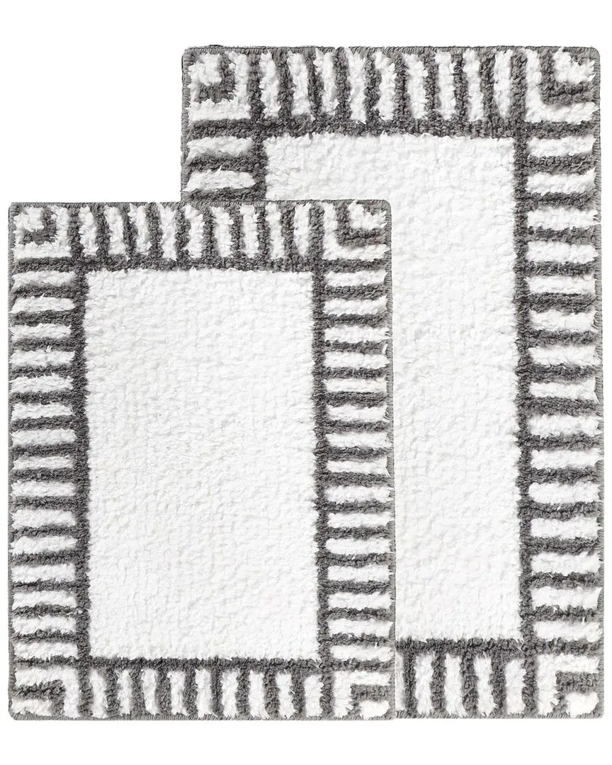 Inaya Set of 2 Striped Shag Bath Rugs - White, Polyester image