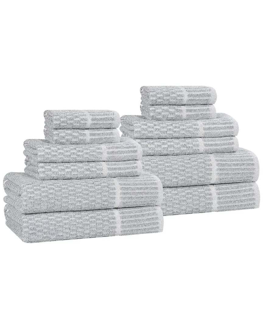 Juno 12-Piece Towel Set with Checkered Border - Denim Blue