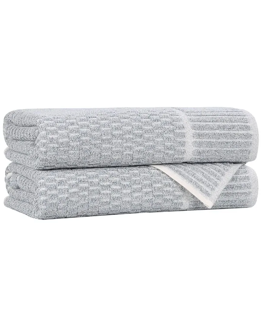 Juno 2-Piece Bath Towel Set with Checkered Border - Denim Blue