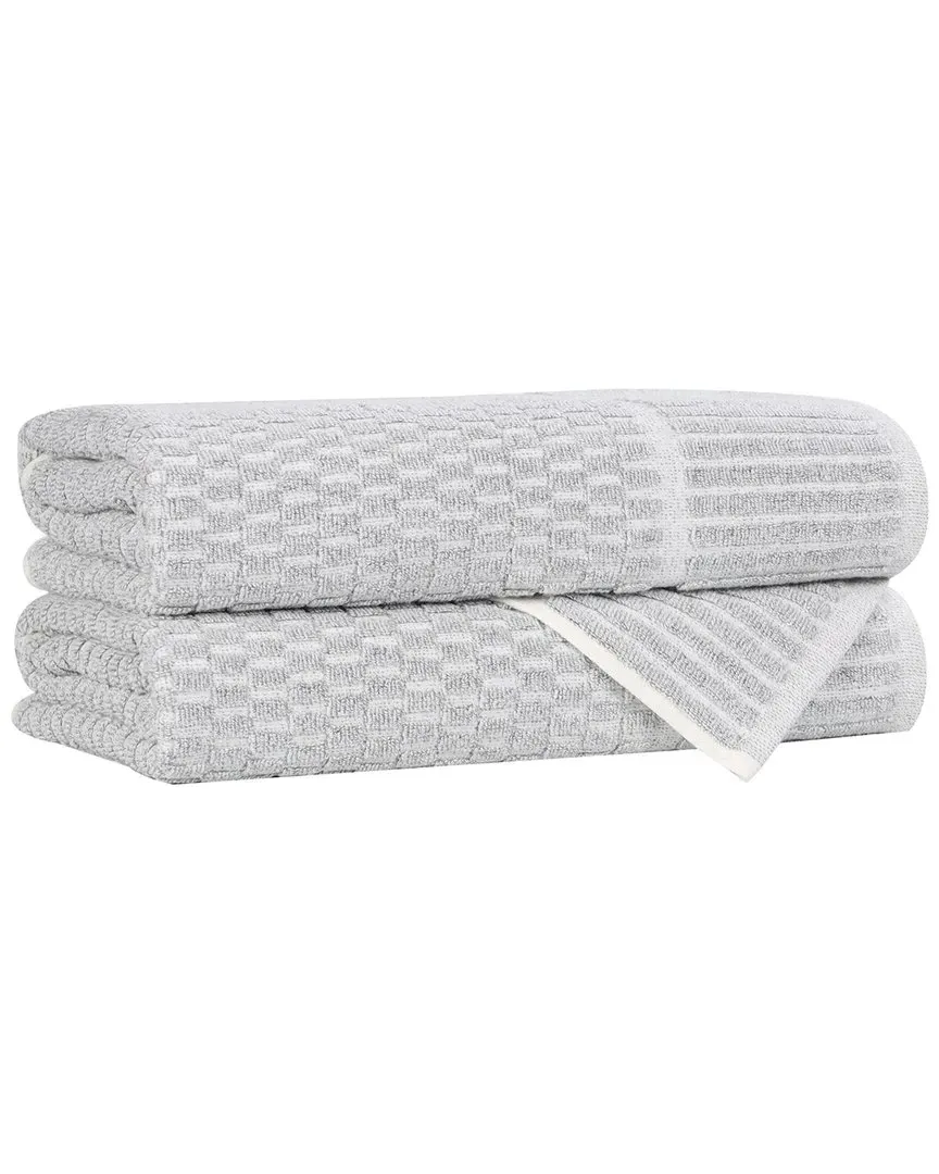 Juno 2-Piece Bath Towel Set with Checkered Border - Platinum