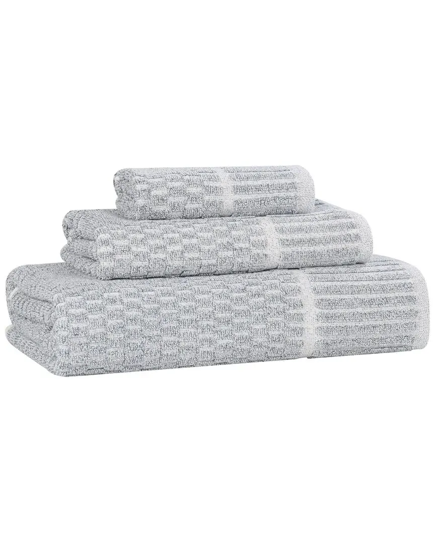 Juno 3-Piece Towel Set with Checkered Border - Denim Blue