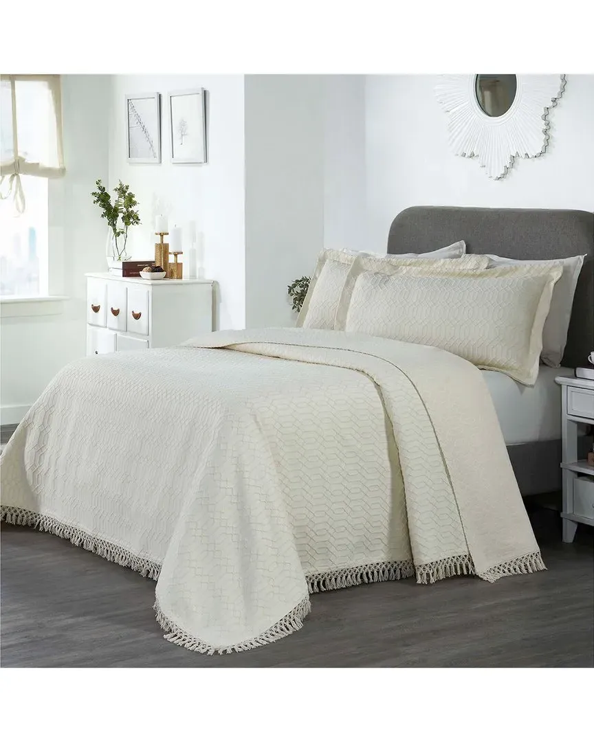 Remi Jacquard Geometric Bedspread Set with Fringe - Ivory