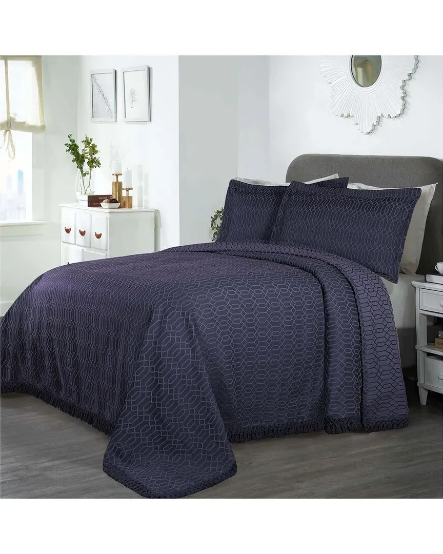 Remi Jacquard Geometric Bedspread Set with Fringe - Navy