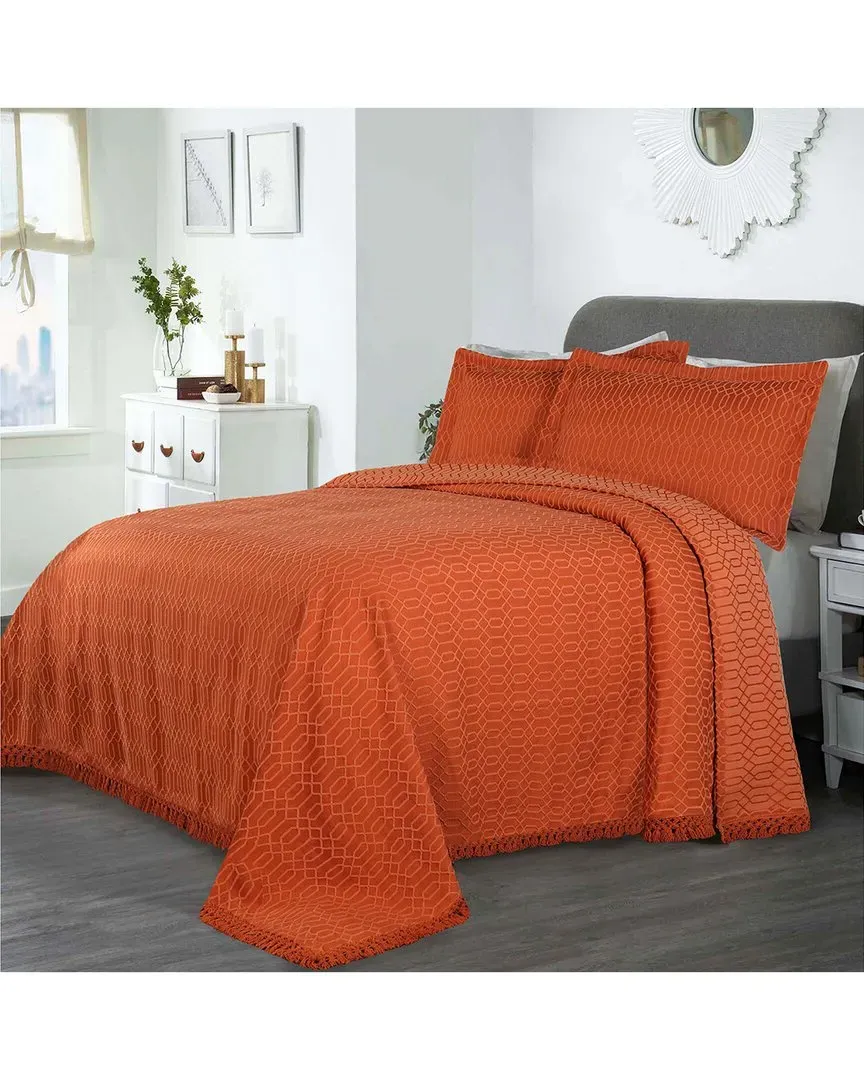 Remi Jacquard Geometric Bedspread Set with Fringe - Rust