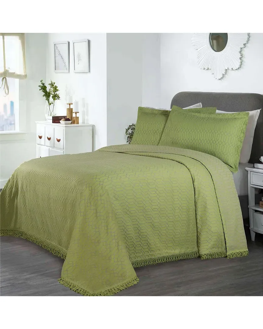 Remi Jacquard Geometric Bedspread Set with Fringe - Sage