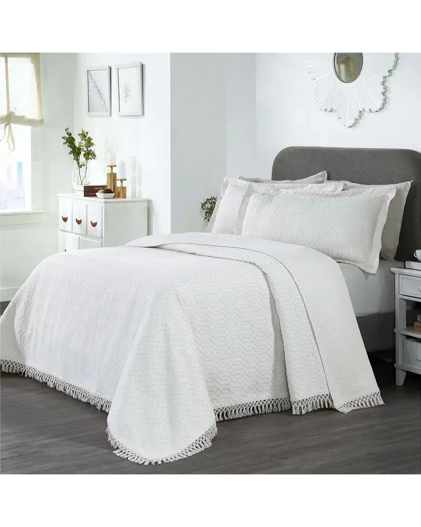 Remi Jacquard Geometric Bedspread Set with Fringe - White