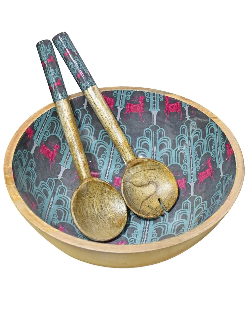 Deer Damask Salad Bowl with Servers - Pink, Mango Wood image