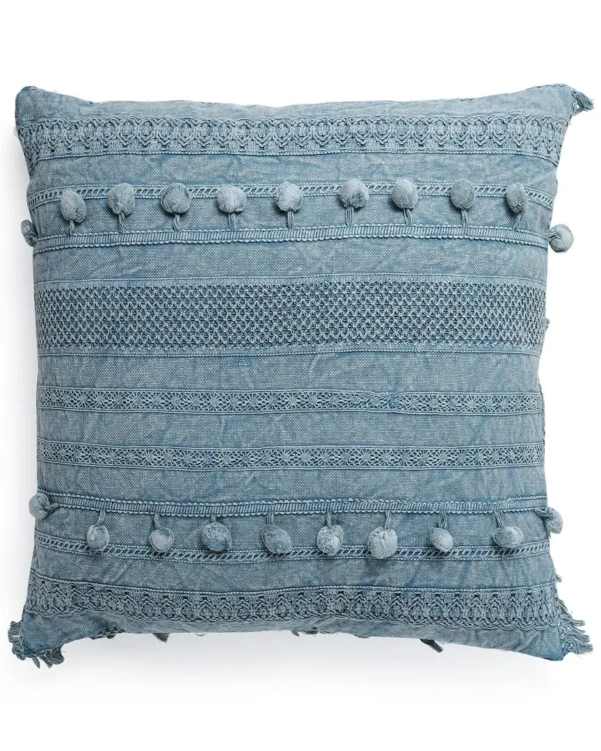 Pom Pom Polyfilled Pillow - Blue, Cotton image
