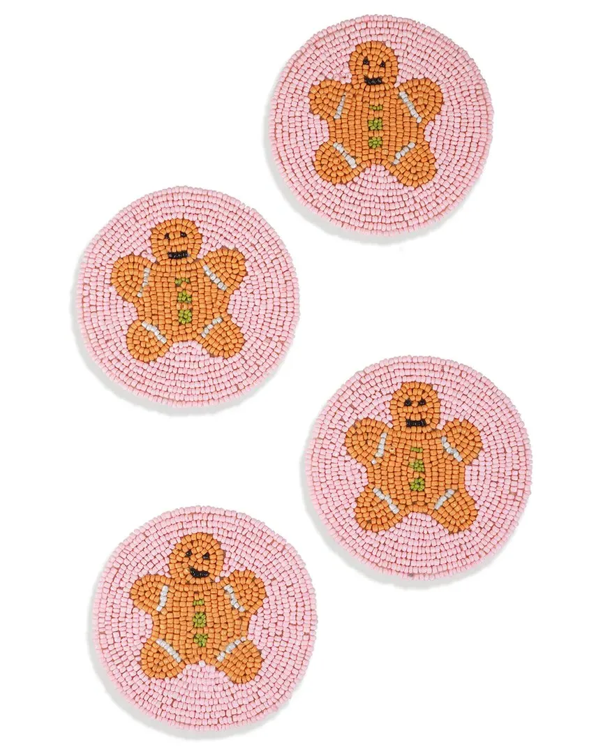 Set of 4 Gingerbread Man Round Coasters - Pink, Glass Beads