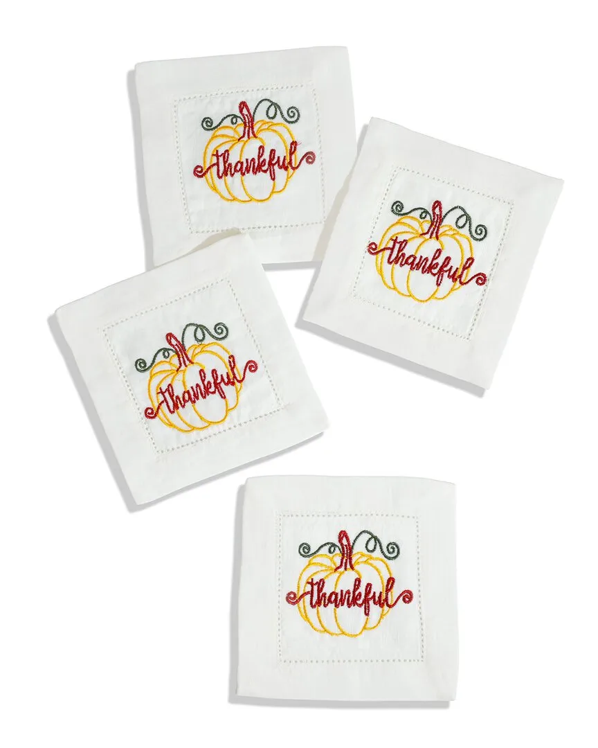 Set of 4 Harvest Pumpkin Thankful Cocktail Napkins - Yellow, Linen