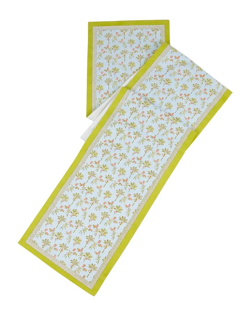 Tropical Opulence Block Print Cotton Table Runner - Green