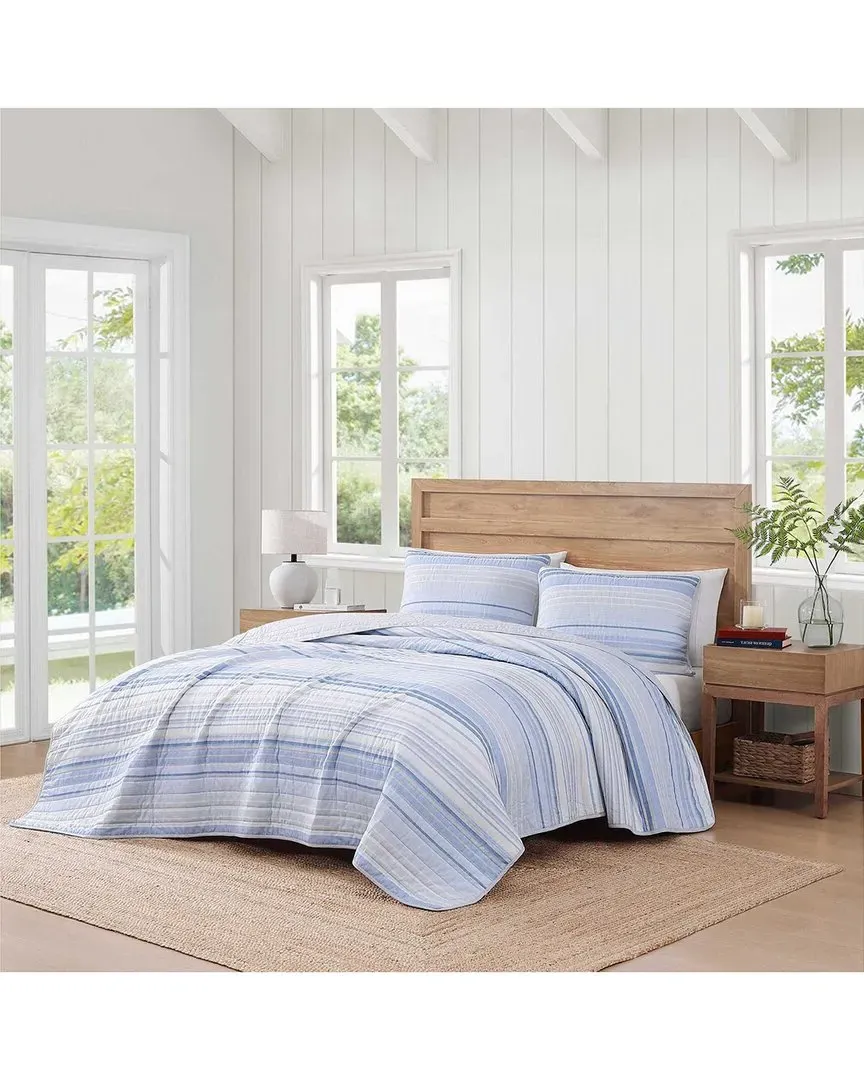 Bold Stripe Textured Cotton Quilt Set - White/Blue/Grey