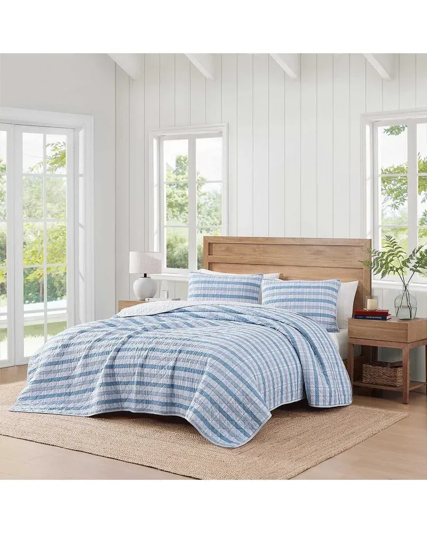 Dreamy Plaid Cotton Quilt Set - Light Blue image