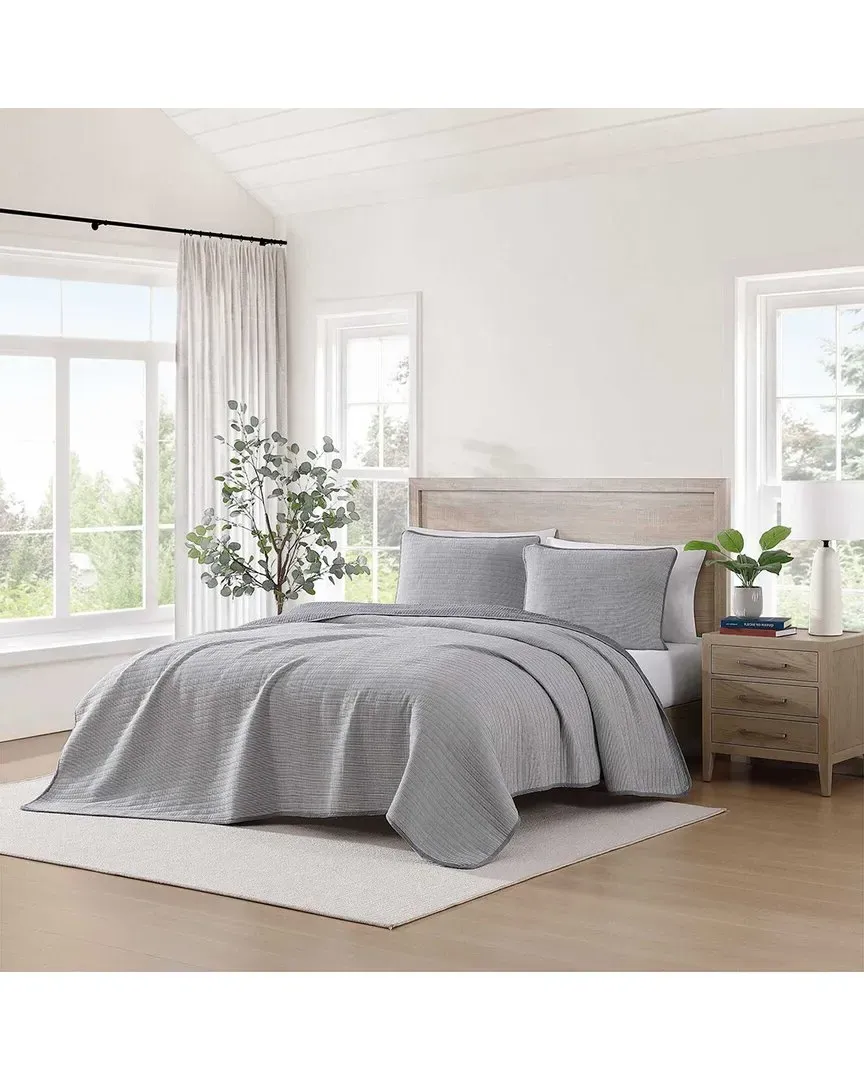 Ithaca Stripe Reversible Quilt Set - White, Cotton image