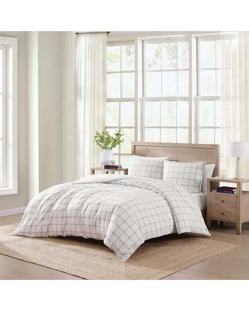 Windowpane Cotton Comforter Bedding Set - White, Dark Blue image