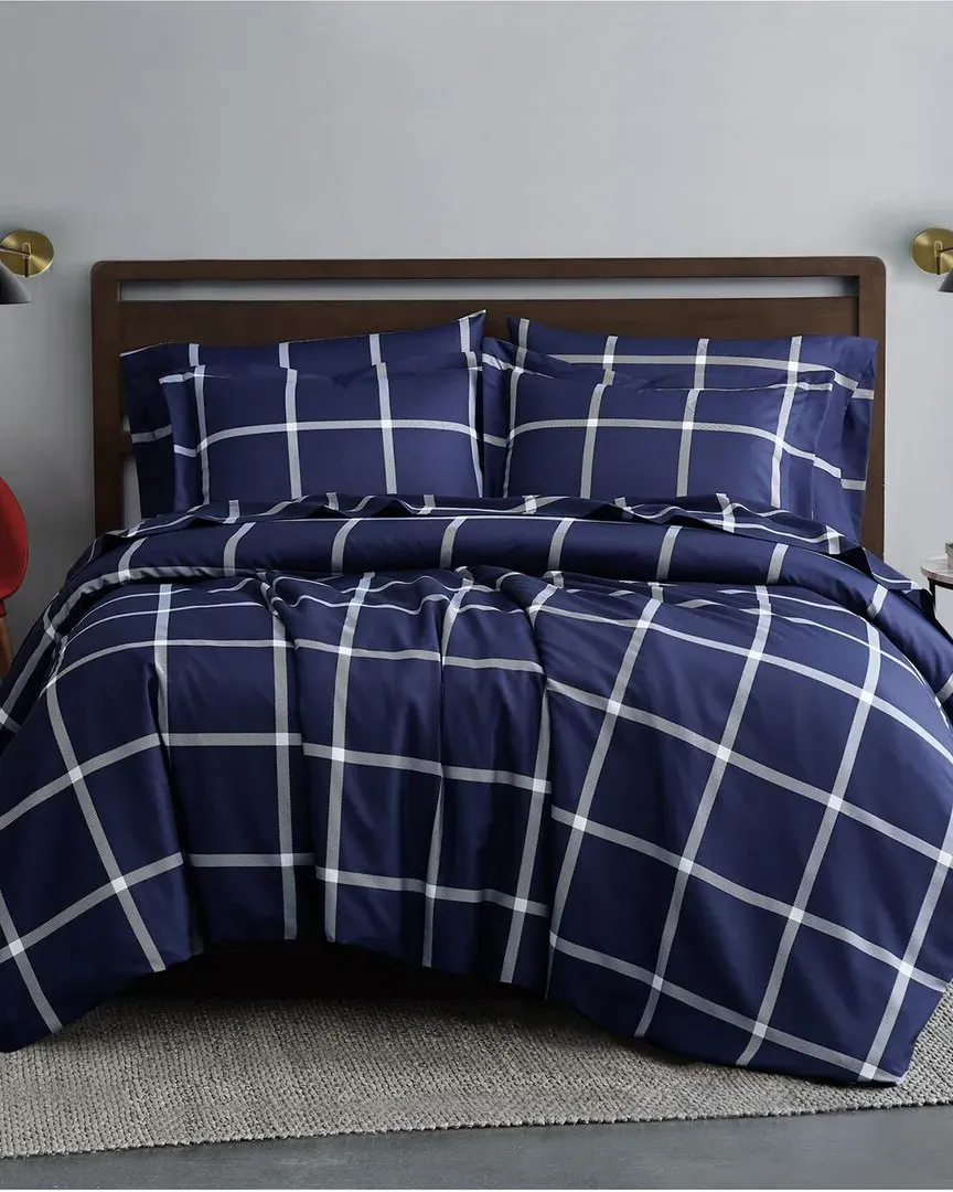 Printed Windowpane Comforter Set - Navy White, Polyester