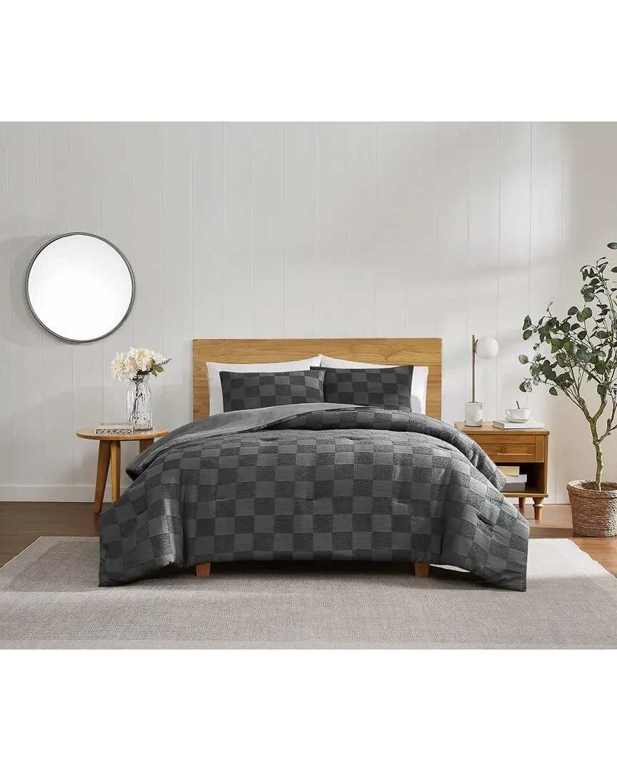 Textured Checkered Comforter Set - Grey, Polyester