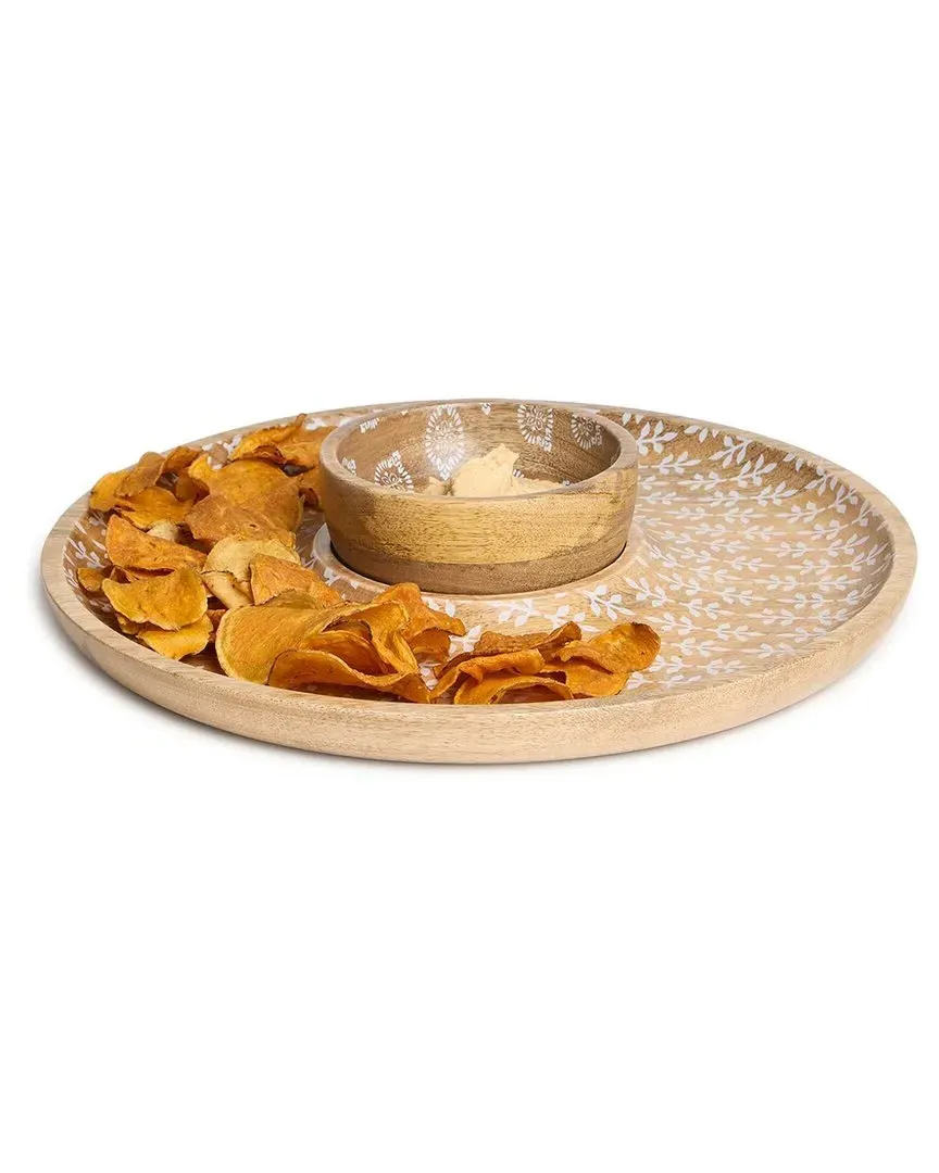 Block Print Chip & Dip Set with Removeable Bowl - Brown, Mango Wood image