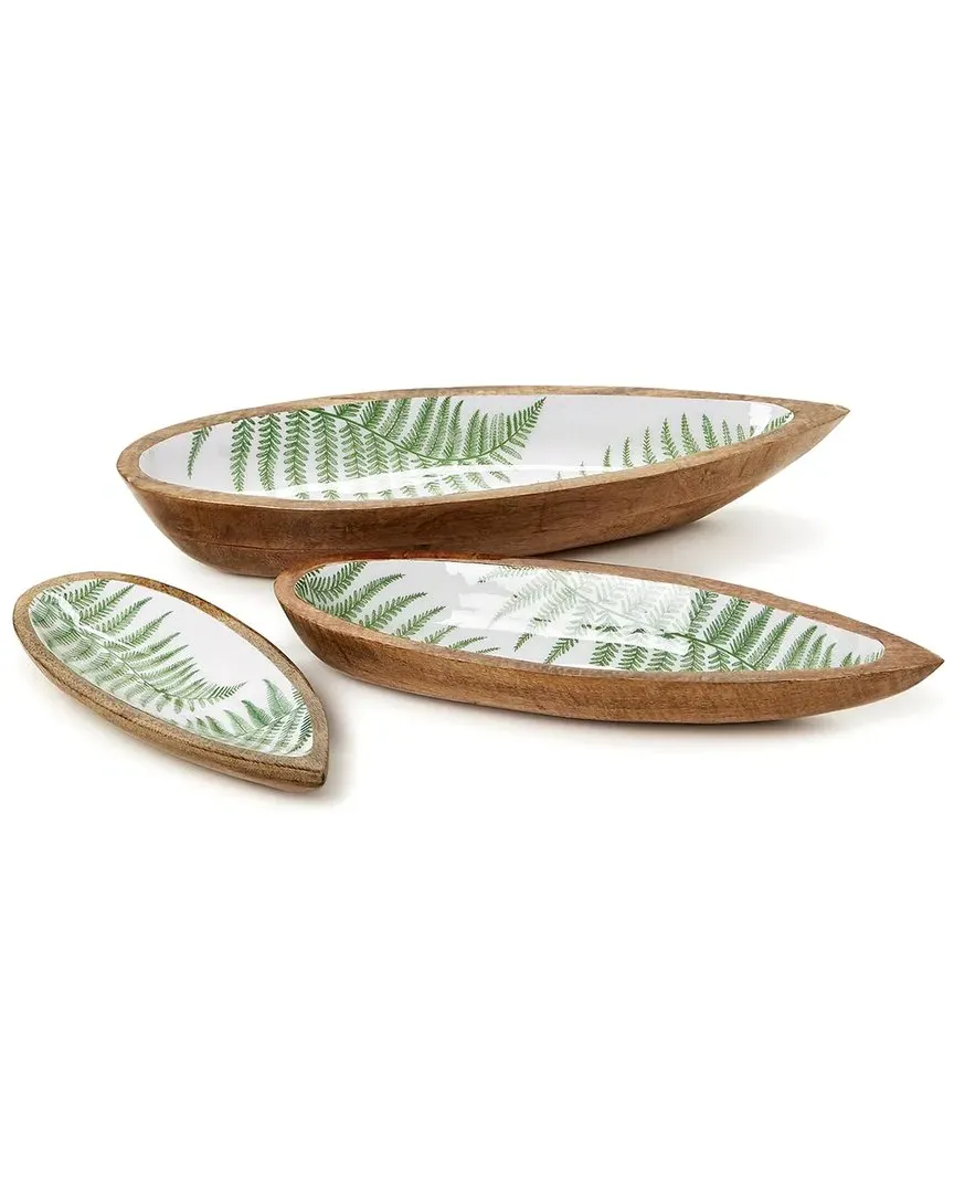 Set of 3 Fern Tear Drop Hand-Crafted Wood Trays - Green