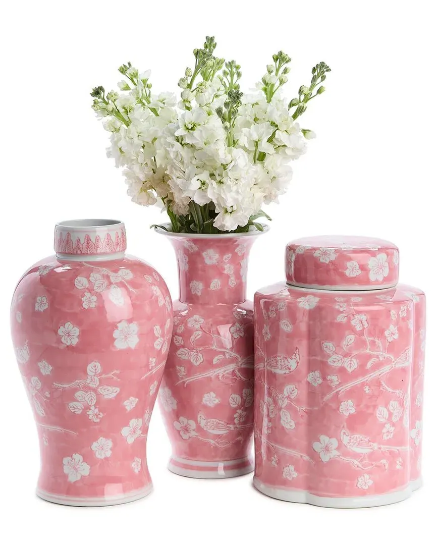 Set of 3 Hand-Painted Chinoiserie Vases - Pink