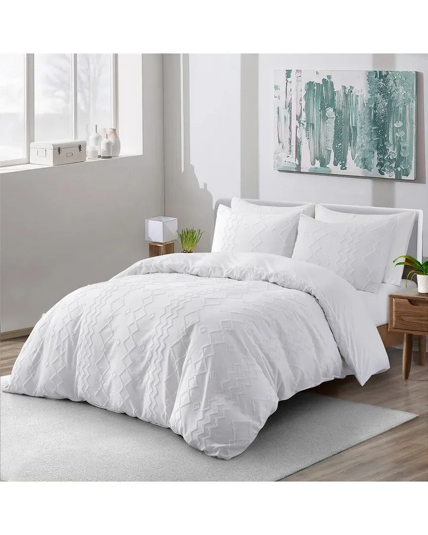 Clipped Jacquard Duvet Cover Set with Zipper - White