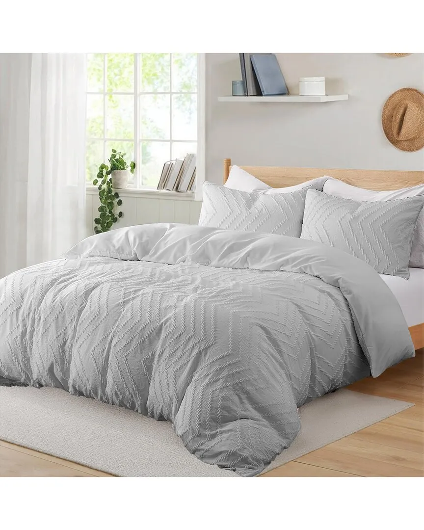 Diamond Quilted Clipped Jacquard Duvet Cover Set - Light Gray