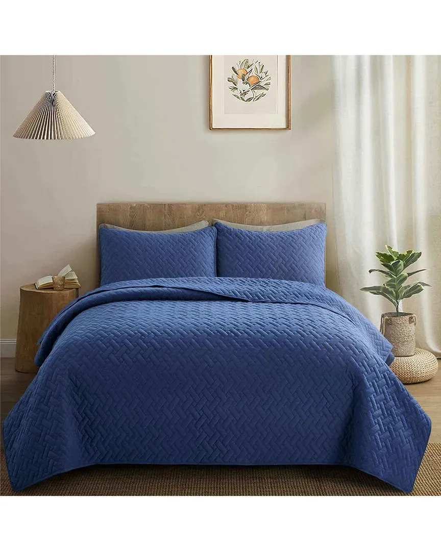 Reversible Quilted Coverlet Set - Navy, Microfiber
