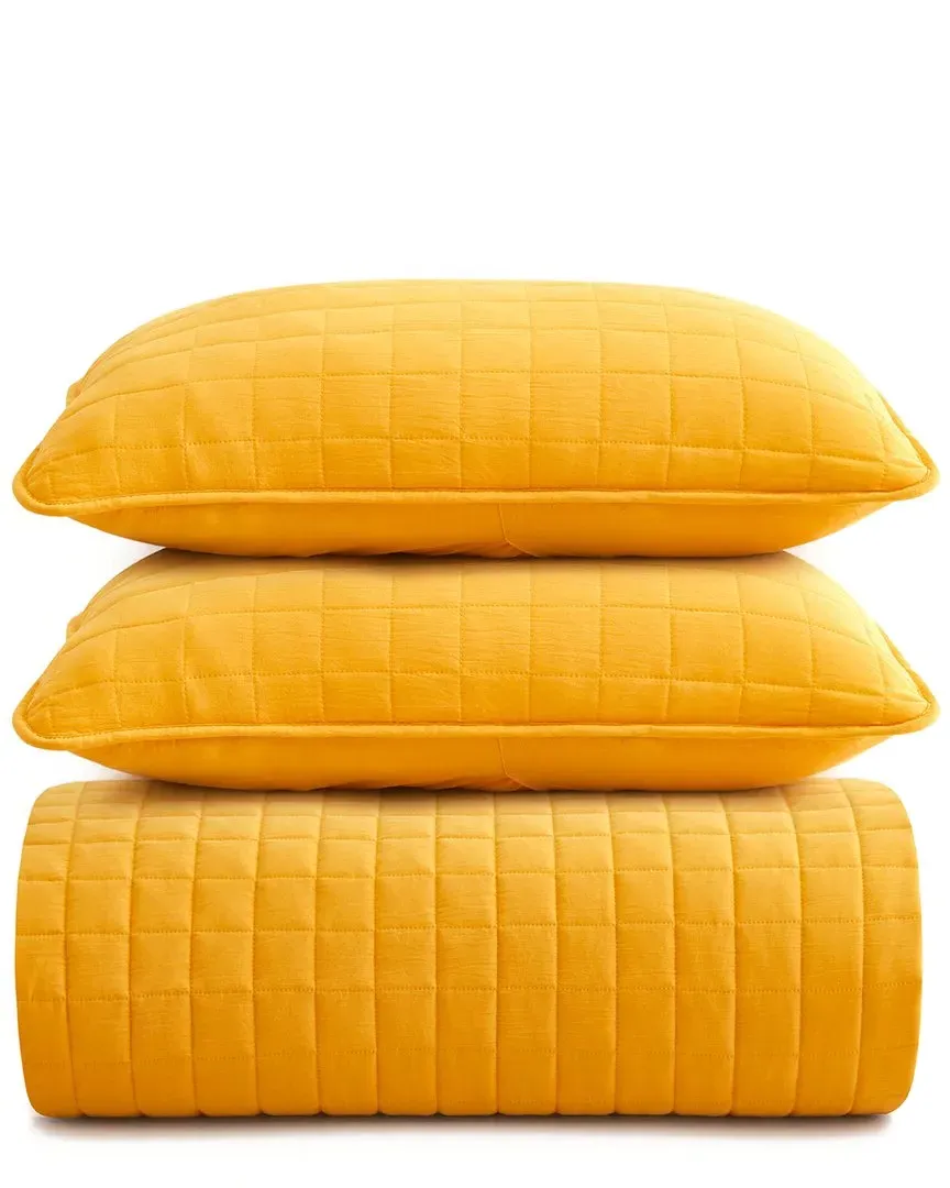 Reversible Quilted Coverlet Set - Yellow, Microfiber